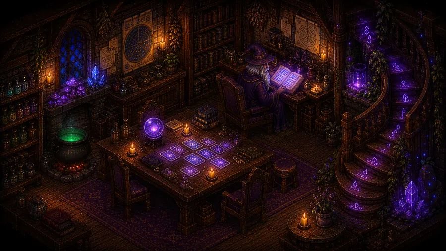 Estúdio do mago em pixel art, com cartas mágicas sobre a mesa, caldeirão e bola de cristal