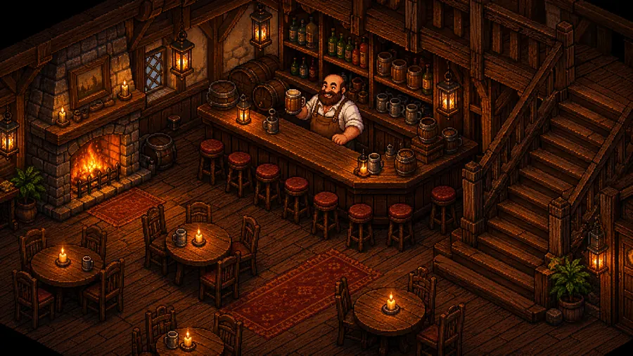 Interior da taverna do Condado em pixel art, com lareira acesa, mesas e taverneiro no balcão