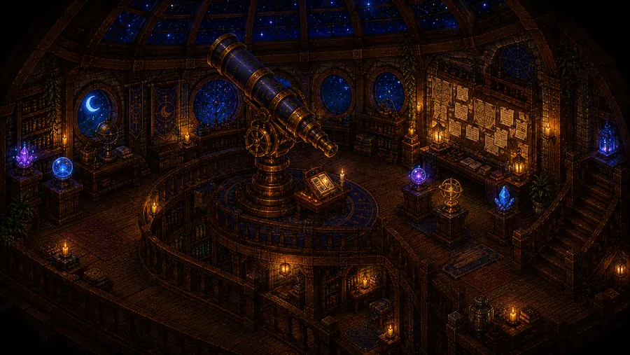 Observatório do Condado em pixel art, com telescópio dourado sob uma cúpula estrelada