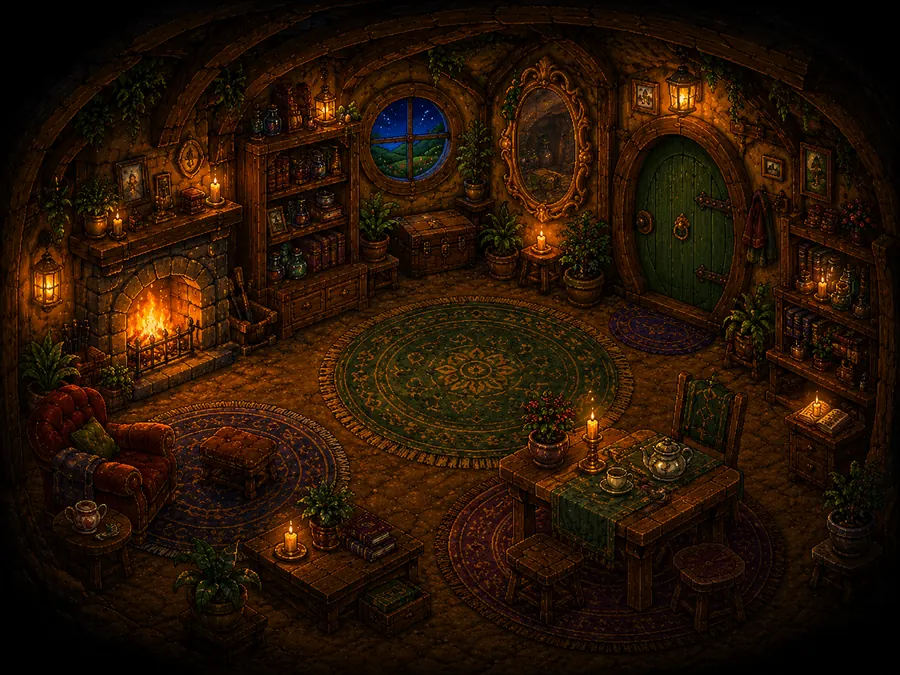 Interior aconchegante da toca em pixel art, com lareira acesa, tapetes e mesa de chá