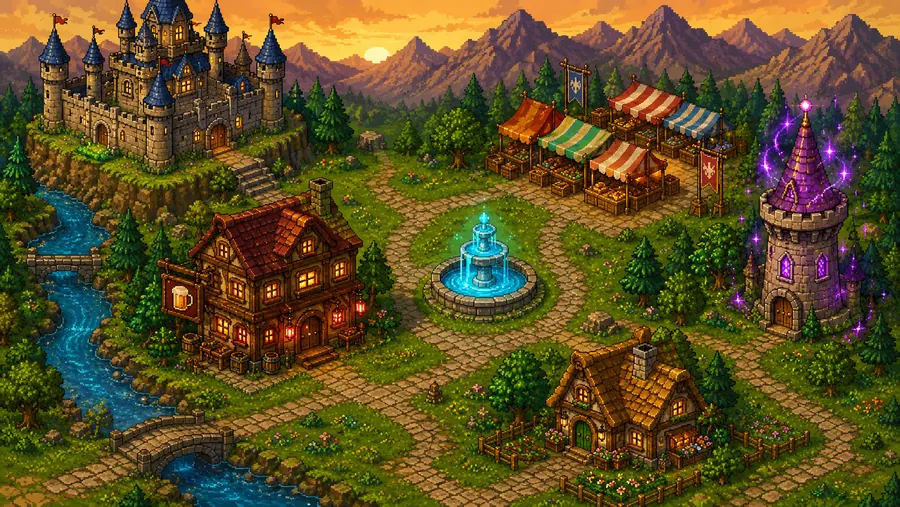 Praça central do Condado em pixel art, com fontes, feira e castelo ao entardecer